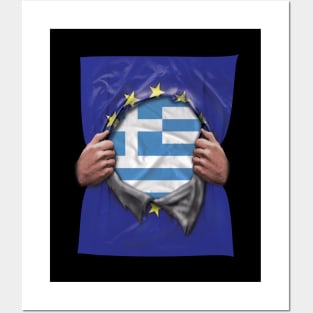 Greece Flag European Union Flag Ripped Open - Gift for Greek From Greece Posters and Art